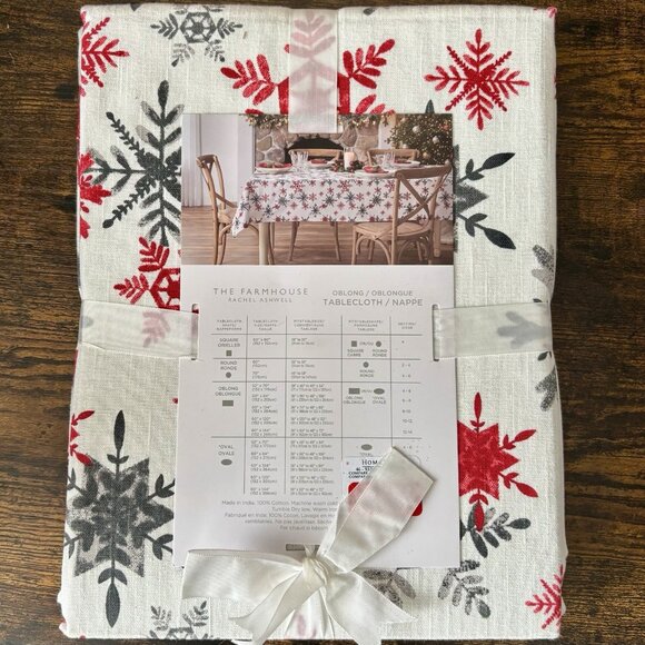 The Farmhouse| Rachel Ashwell Christmas Holiday Snowflakes Black Red Tablecloth - Picture 4 of 5